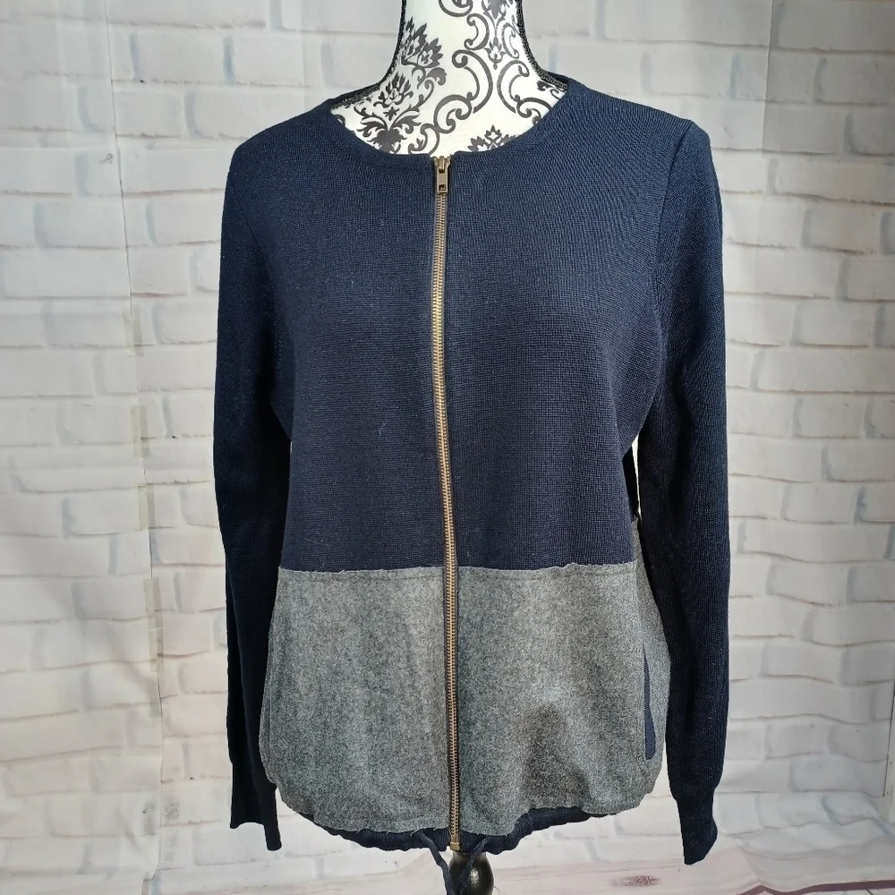 J Crew women's long sleeve zip front color block Marino wool jacket sz m b30